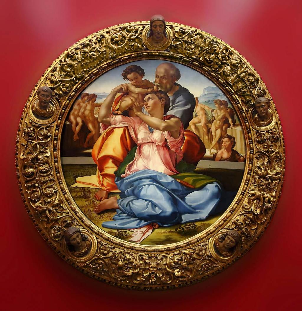 Tondo Doni, Michelangelo,1504, tempera grassa su tavola, 120x120 cm Il Tondo fu commissionato dal ricco banchiere Agnolo Doni, probabilmente in occasione del suo matrimonio.