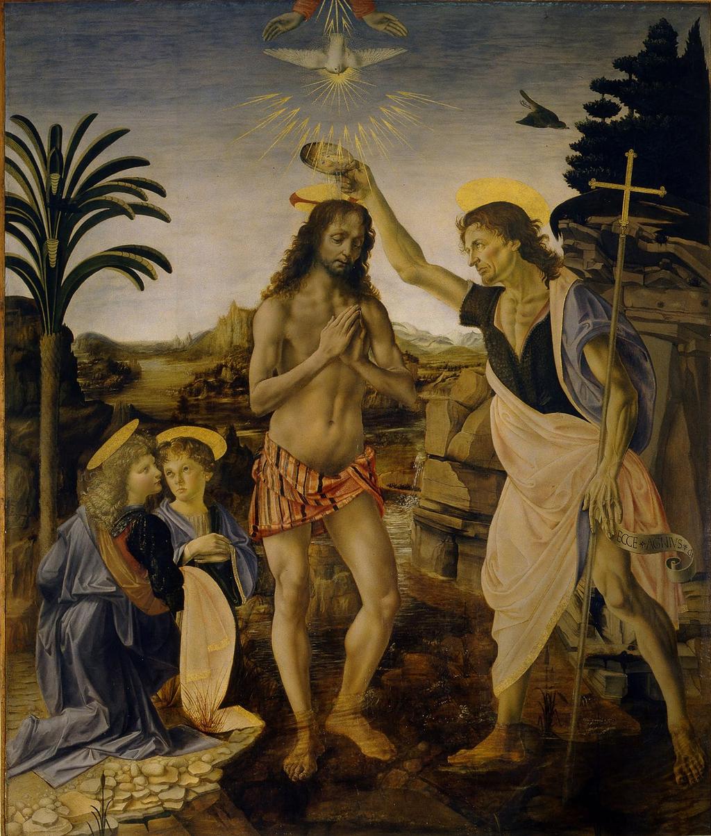 Battesimo di Cristo Andrea del Verrocchio, Leonardo da vinci e altri, 1475-1478, olio e tempera su tavola,1775x151 cm Il maestro Verrocchio impostò la composizione dell opera e dipinse in parte le