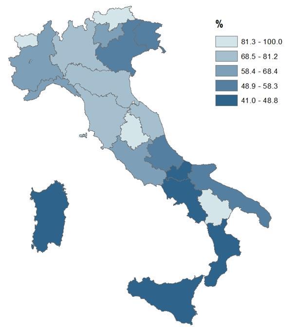 Proporzione di ricoveri in reparti di Chirurgia con volume di interventi =>10 mappa ITALIA. PNE 2014 REGIONE % ABRUZZO 54.17 BASILICATA 86.15 CALABRIA 48.82 CAMPANIA 42.82 EMILIA ROMAGNA 73.