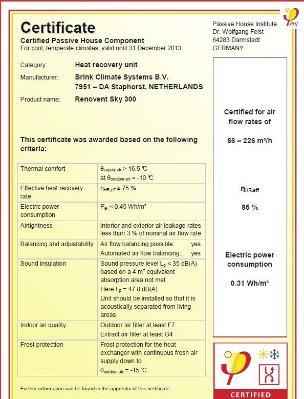 Certificati DIBt: Renovent Sky 300 EN 308/EN 13141-7: Renovent Sky 300 Declaration of Conformity according to EN 13141-7:2004 / EN308 Technical Sciences Laan van Westenenk 501 7334 DT Apeldoorn