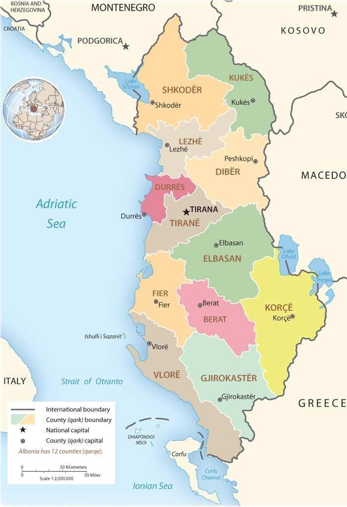 Paese Lingua Ufficiale Capitale Forma di Governo Superficie Religione Caratteristiche principali Albanese Tirana Repubblica Parlamentare 28.748 kmq Popolazione 2.938.594 Densità Valuta 98 ab.