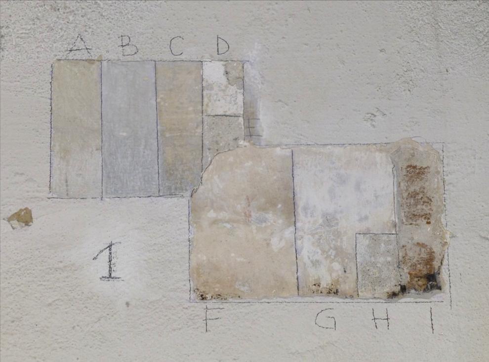 Stratigrafia n. 1 A. Colore a base di B. Colore a base di calce grigio tenue; C. Colore a base di calce bianco rosato; D.