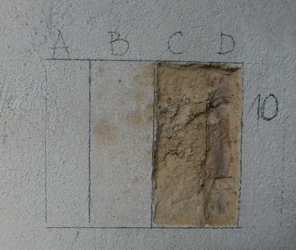 Stratigrafia n. 10 A. Colore a base di B. Scialbo bianco su intonaco a base di calce e sabbia a granulometria fine; C.