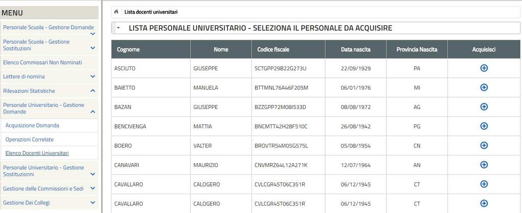 3 Elenco Docenti Universitari Attraverso questa funzione è possibile effettuare le seguenti operazioni: Visualizzazione della domanda Modifica della domanda Cancellazione della domanda Al fine di