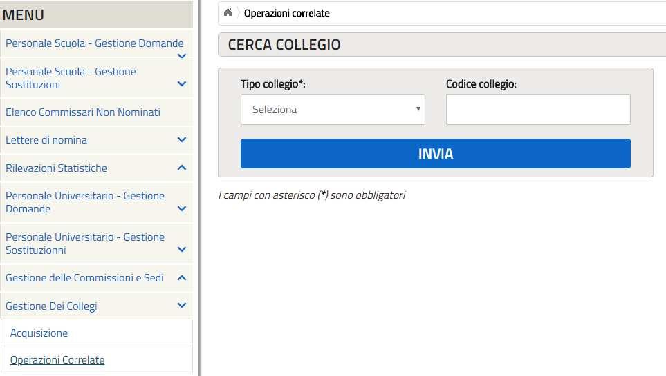 Cancellazione dei collegi. Al fine di poter utilizzare le funzionalità sopra elencate sarà necessario ricercare il collegio inserito.