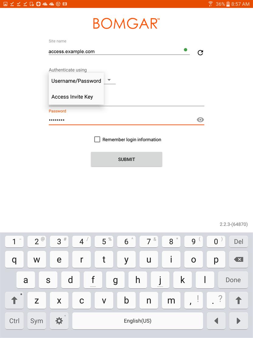 Accedere alla console di accesso per Android Dalla schermata di accesso, immettere il nome host del sito Bomgar, ad esempio access.example.com.