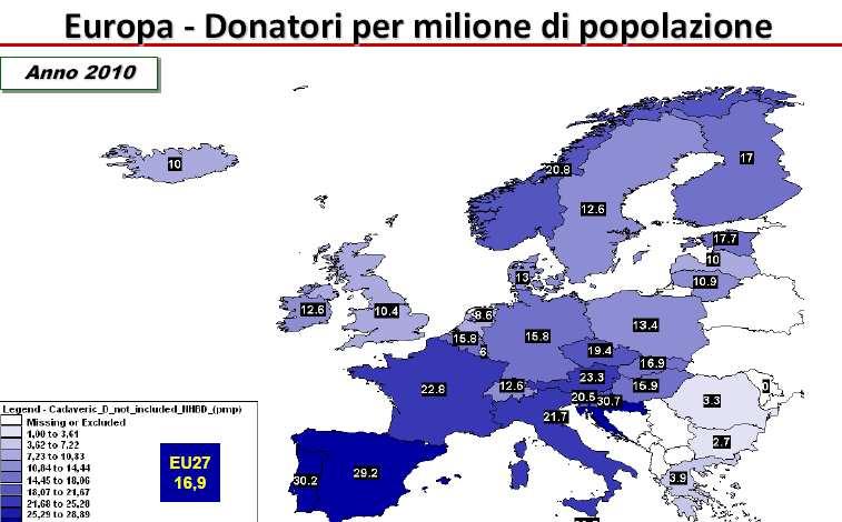 L Italia con 21,7 donatori per milione è terza tra i grandi paesi europei dopo la Spagna (29.2) e la Francia (22.