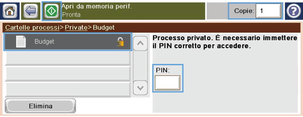 Selezionare il nome del processo, regolare il numero di copie, quindi toccare il pulsante Avvio