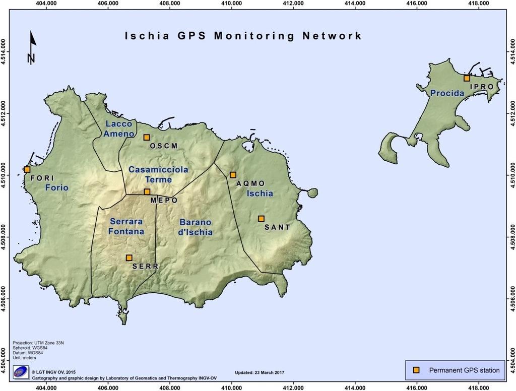 Figura 2.1.1 - Rete GPS Permanente di Ischia. Figura 2.1.2 - Serie temporale delle variazioni settimanali in quota della stazione di SERR (Ischia) dal 2004 a giugno 2019.