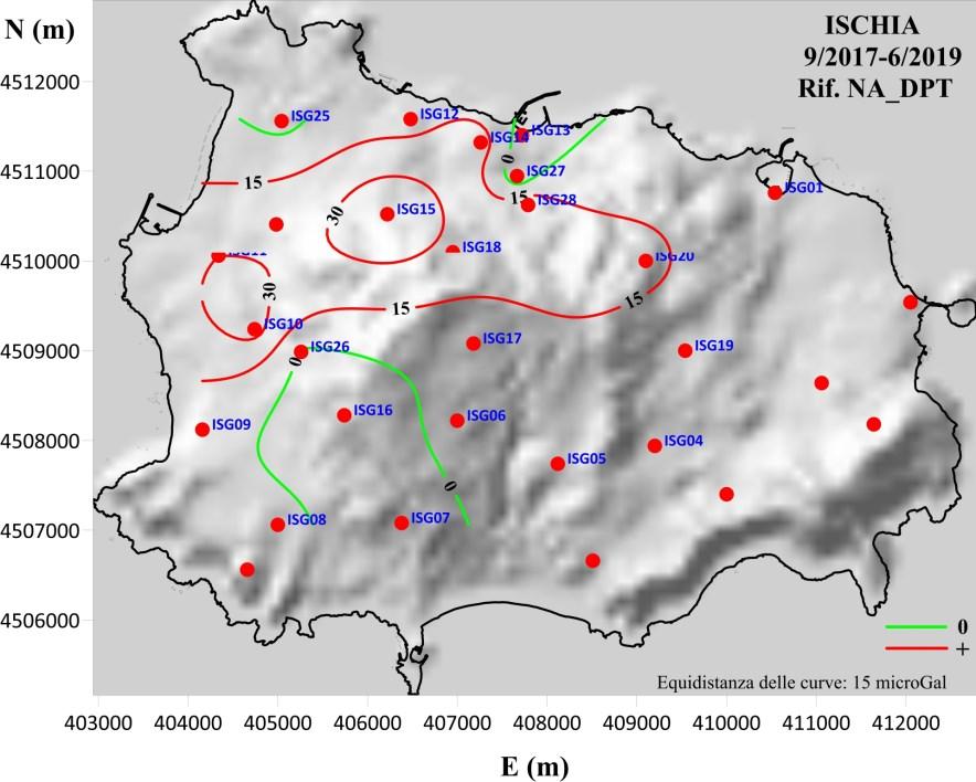 Figura 2.3.1 - Campo della distribuzione delle variazioni di gravità all isola di Ischia, con riferimento alla stazione di Napoli, nell intervallo di tempo settembre 2017 giugno 2019.