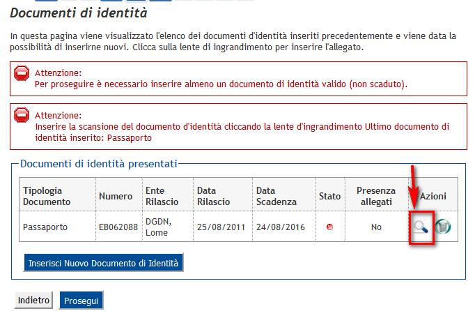 Inserire la scansione del documento cliccando