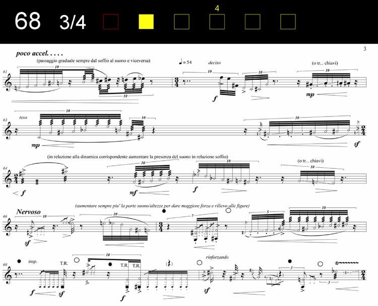 94 Estremo d ombra: una scrittura elettronica interattiva Figura 3. Esempio di partitura visualizzata secondo il sistema ideato per Estremo d ombra.