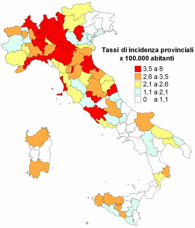 Più in dettaglio, la figura 3 mostra i tassi di incidenza provinciali. La provincia di Modena nel 23, con 3,9 x 1.