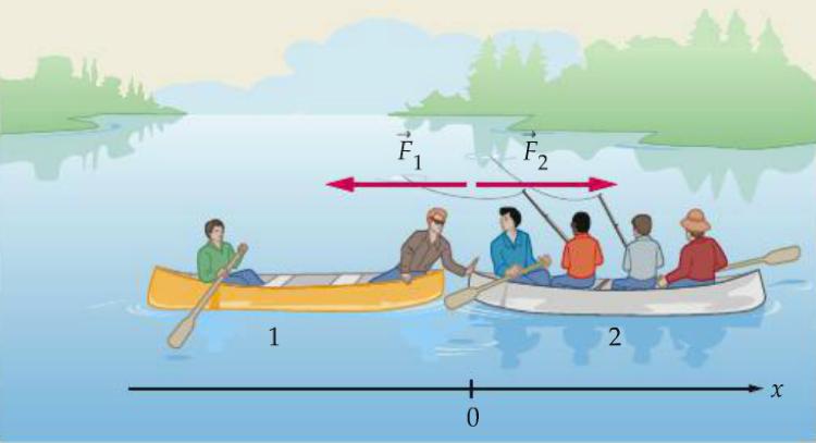 4. Esempio Due canoisti si incontrano nel mezzo di un lago. La massa della canoa 1 e dei suoi occupanti è! 1 = 150kg. La massa della canoa 2 e dei suoi occupanti è! 2 = 250kg.