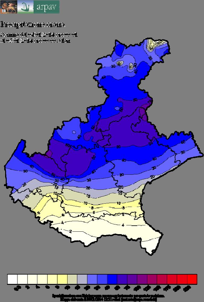 Precipitazioni cumulate in ciascuna delle due giornate Precipitazione di sabato 4 [mm/24h] Precipitazione di domenica 5 [mm/24h] La distribuzione per sabato