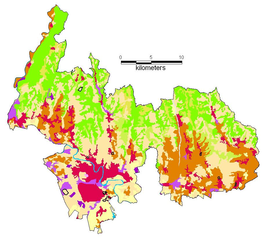 Ambito: Colli 1990 2000 Colli: Corine Land Cover livello 2 (in kmq) dell ambito Differenza urbanizzate Kmq al 2000 68,519 Kmq al 1990 67,673 0,846 aperte industriali, caratterizzate da agricole