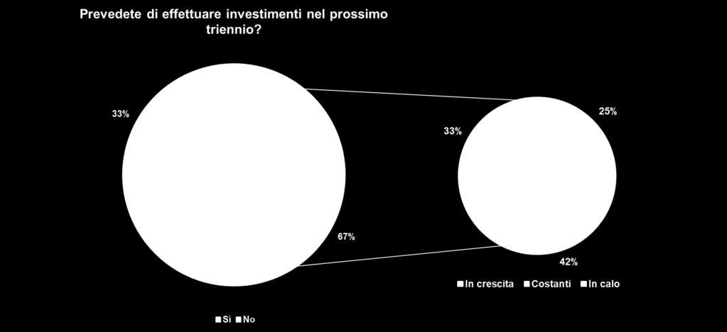 Investimenti futuri Le previsioni di investimento sono sostanzialmente invariate rispetto a quelli effettuati: il 67% del campione