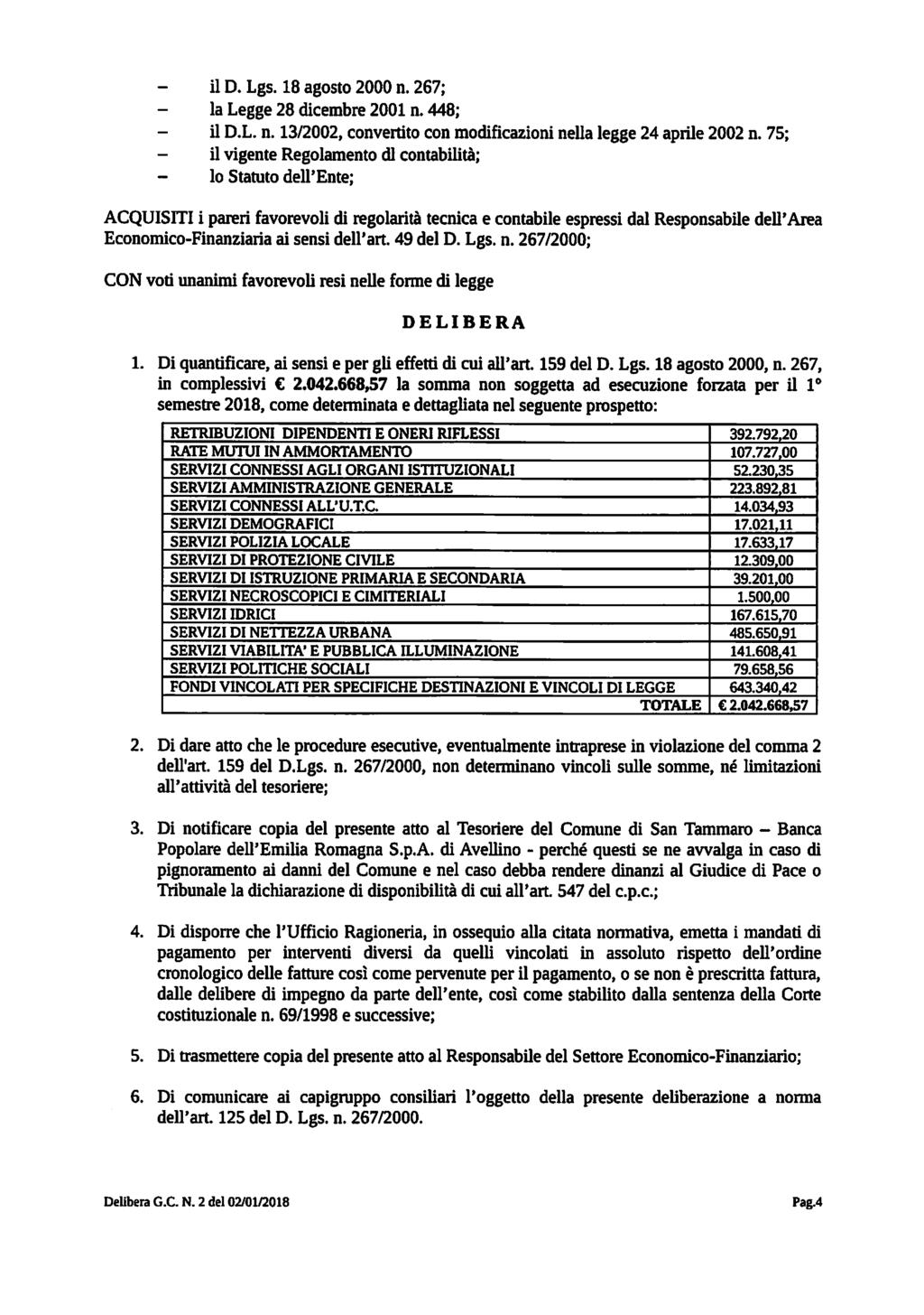 il D. Lgs. 18 agosto 2000 n. 267; la Legge 28 dicembre 2001 n. 448; - il D.L. n. 13/2002, convertito con modificazioni nella legge 24 aprile 2002 n.