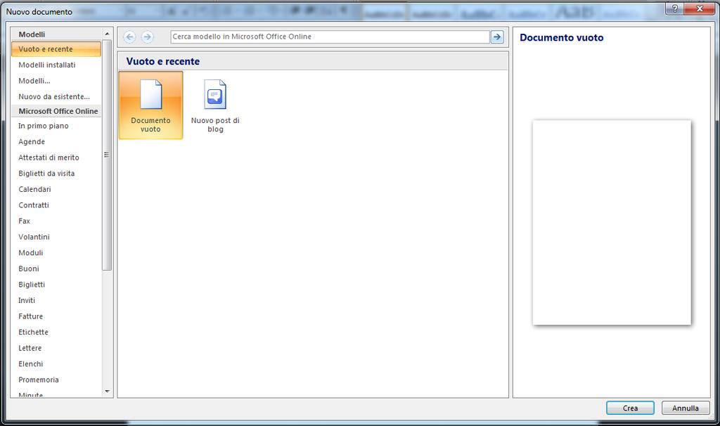 E possibile creare nuovi documenti usando il modello predefinito (vuoto), un modello a scelta o un documento esistente.