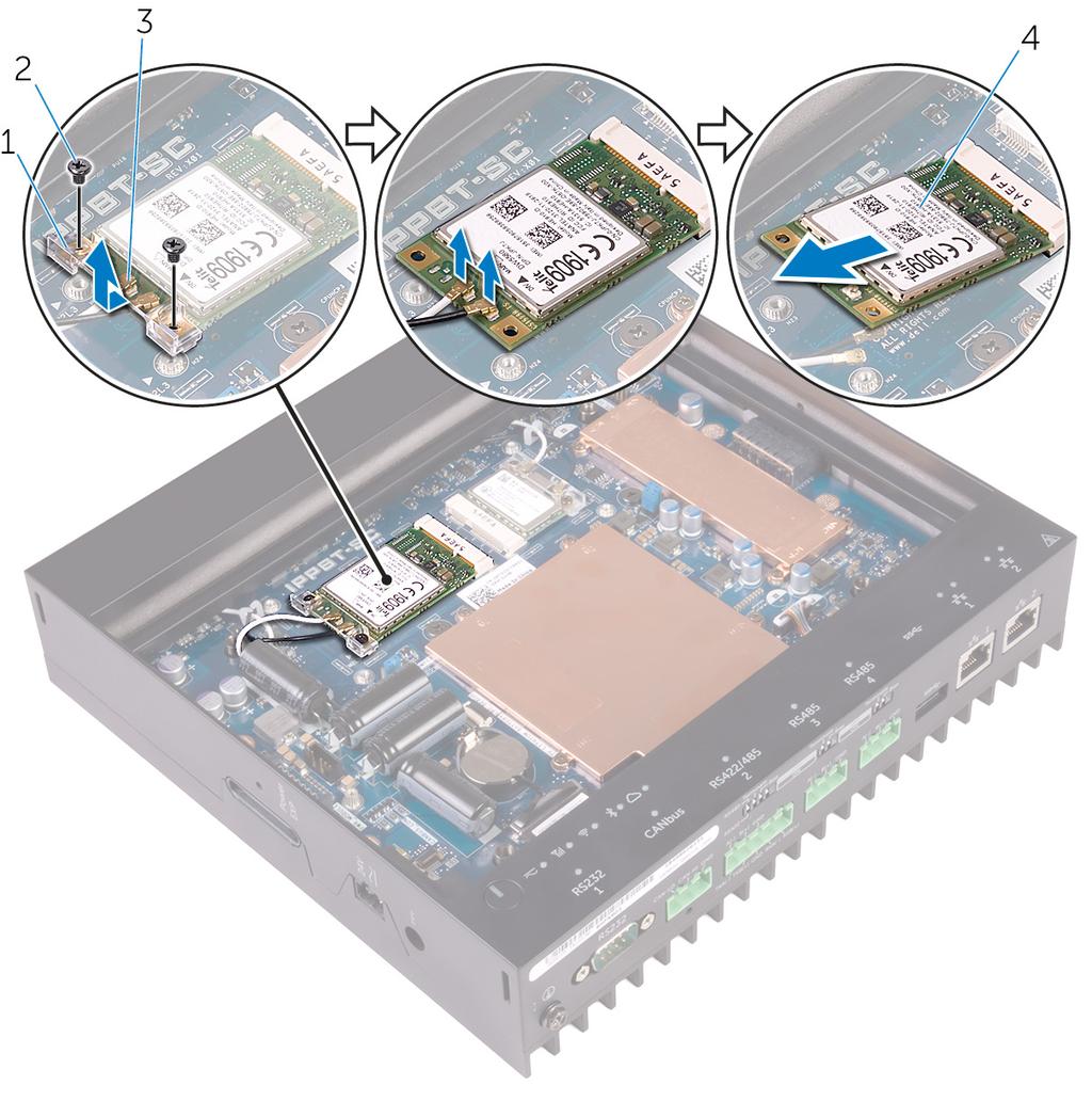 Rimozione della scheda a banda larga mobile 12 Prerequisiti Rimuovere il coperchio superiore. 1. Rimuovere le viti che fissano la scheda della banda larga mobile e la relativa staffa alla scheda di sistema.