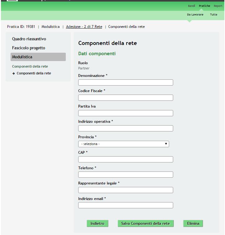 Figura 11 Modulo 2 Componenti della rete Compilare il modulo inserendo i dati del partner richiesti.