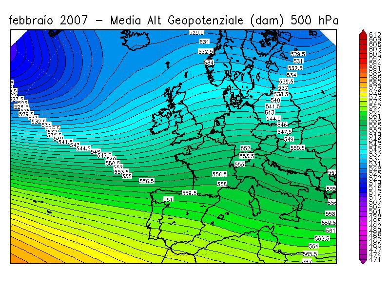 Febbraio 2007, mappa della pressione media in quota (altezza di geopotenziale a 500 hpa) e sua anomalia rispetto alla climatologia (anni dal 1957 al 2002) Il mese di febbraio non