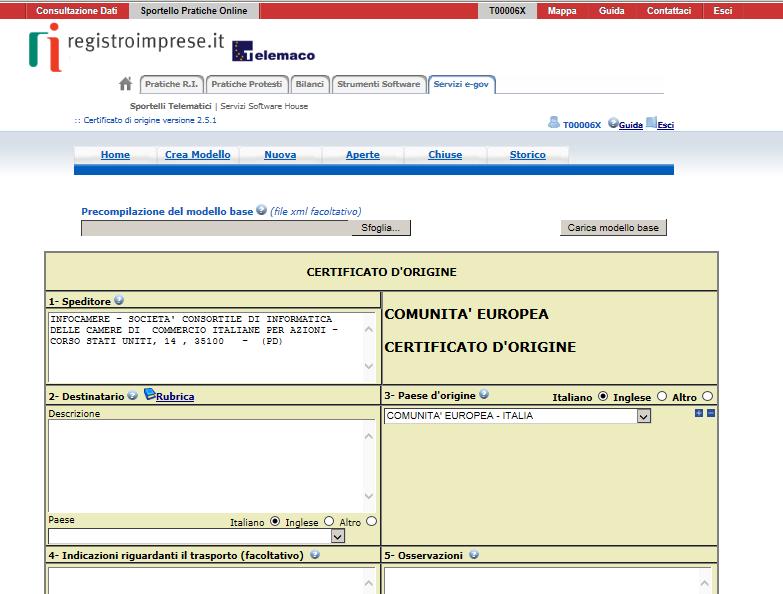 CERT O Creazione Modello Base è possibile caricare un Modello precompilato icona punto di domanda presente di fianco ad ogni campo, fornisce