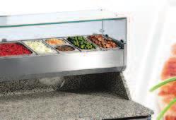 Granite worktop Ventilated refrigeration system TN (-2/+7 C), refrigerant gas R404a Internal fitting per door: 4 racks, 1 plastic coated grid and s/s runners 90 stop door and magnetic seal gasket