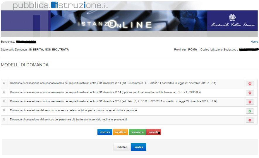 4.23 VISUALIZZAZIONE DELLA DOMANDA DI CESSAZIONE DAL SERVIZIO IN ASSENZA DELLE CONDIZIONI PER LA MATURAZIONE DEL DIRITTO A PENSIONE.