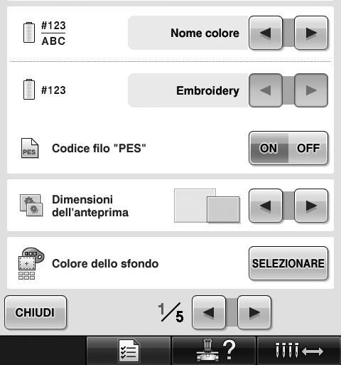 Selezione delle informazioni sul colore di filo per i dati del formato PES Consultare pagina 94 del Manuale d'istruzione PR-650 per i dettagli utili a comprendere la schermata Impostazioni della