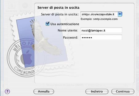 Comparirà la seguente maschera Server di posta in uscita: trascrivere esattamente: smtps.sicurezzapostale.it anche se l indirizzo di posta è @lamiapec.