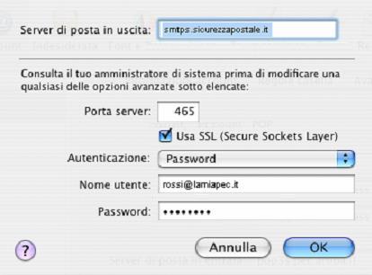 it Porta server: inserire nello spazio 465 Usa SSL (Secure Sockets Layer) verificare che la casella sia spuntata Autenticazione: Dal menù a tendina scegliere la dicitura