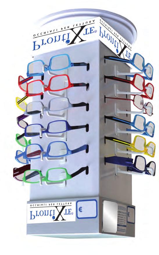cm 174 - L. cm 52 - P. cm 52. n 48 supporti per appendere le confezioni in blister. Specchi. Test per autodiagnosi della vista. n. 8 kit da 24 occhiali Espositore girevole da banco per esporre 24 occhiali (cod.
