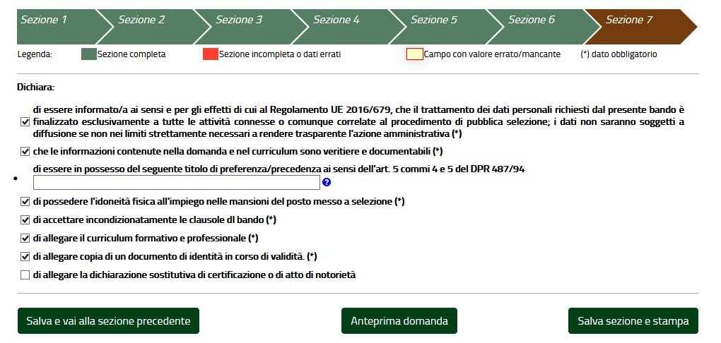 Il colore della sezione indica se i dati sono completi oppure se la sezione è incompleta o presenta dati errati.