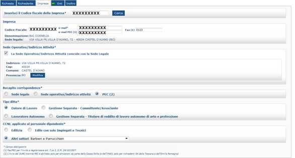Figura 10 - Impresa N.B. Se il recapito corrispondenza scelto è PEC, nella sezione Richiedente é obbligatorio il dato dell'e-mail PEC della Stazione Appaltante.