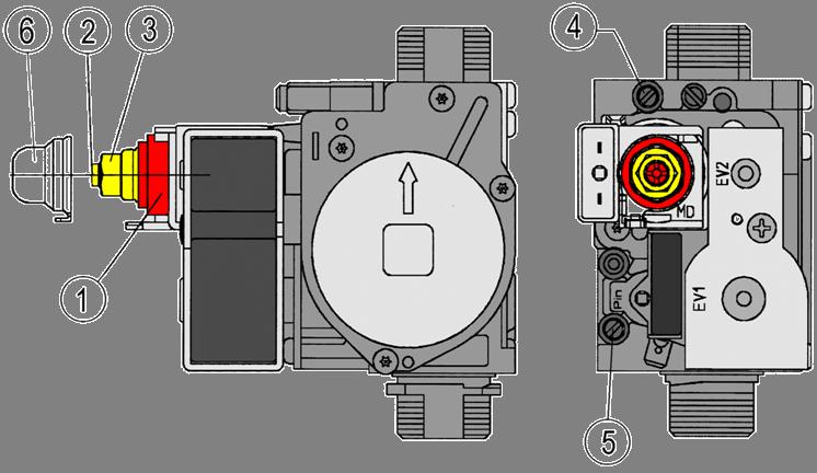 Valvola gas (SIT 845) 1 - Bobina di modulazione 2 - Vite di