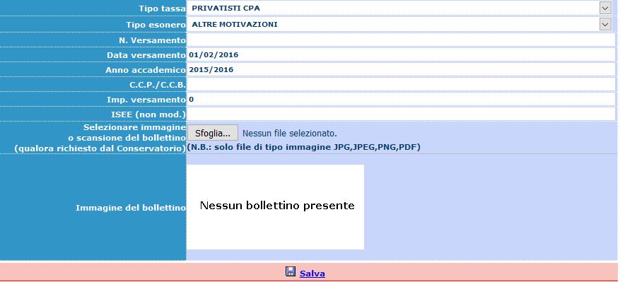 Gestione Tasse Non eseguire alcuna operazione di registrazione delle Tasse Gestione Tasse Le tasse verranno registrate dai soli preposti del Conservatorio di Musica di Sassari e comunque la procedura