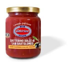 intero in succo di pomodoro con olive nere Cultivar Itrana e capperi, precotto nella confezione finale in vetro con capsula di chiusura idonea all uso