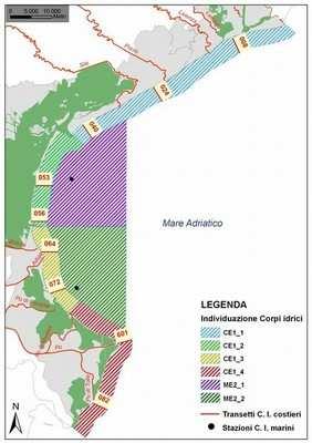 RETE REGIONALE DI MONITORAGGIO Nella fascia costiera in prossimità dei litorali, indipendenti dai corpi idrici, sono individuate inoltre 5 stazioni per il campionamento di mitili da banchi naturali