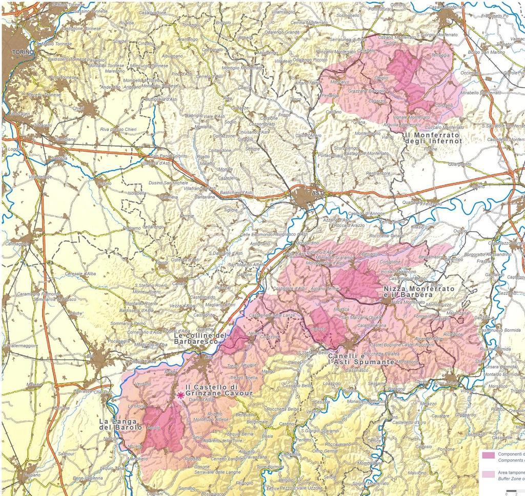 Dove ci troviamo: Inquadramento al Sito UNESCO Il sito seriale dei Paesaggi vitivinicoli del Piemonte: Langhe-Roero e Monferrato è costituito da 6 componenti, che toccano i confini amministrativi