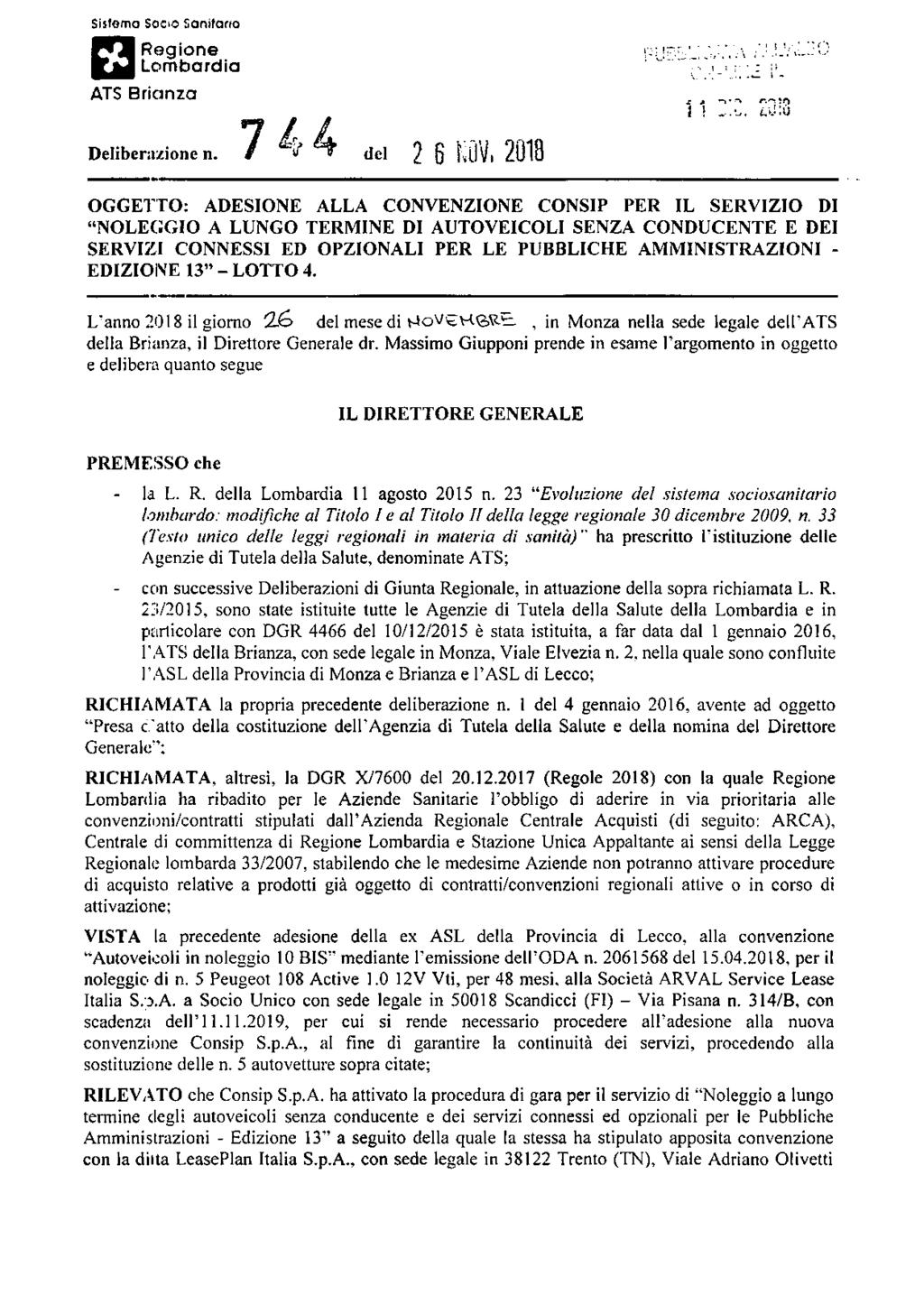 Sistema Socio Sanitario Regione Lombardia ATS Brianza, Deliberazione n.