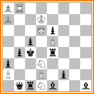 (NdA): Due pezzi neri eseguono a turno tre azioni in successione a favore della donna per aprirle la strada verso il matto, scambiandosi alla fine l'autoblocco su d5 1.Af3, Df1; 2Ad5, Df6#!