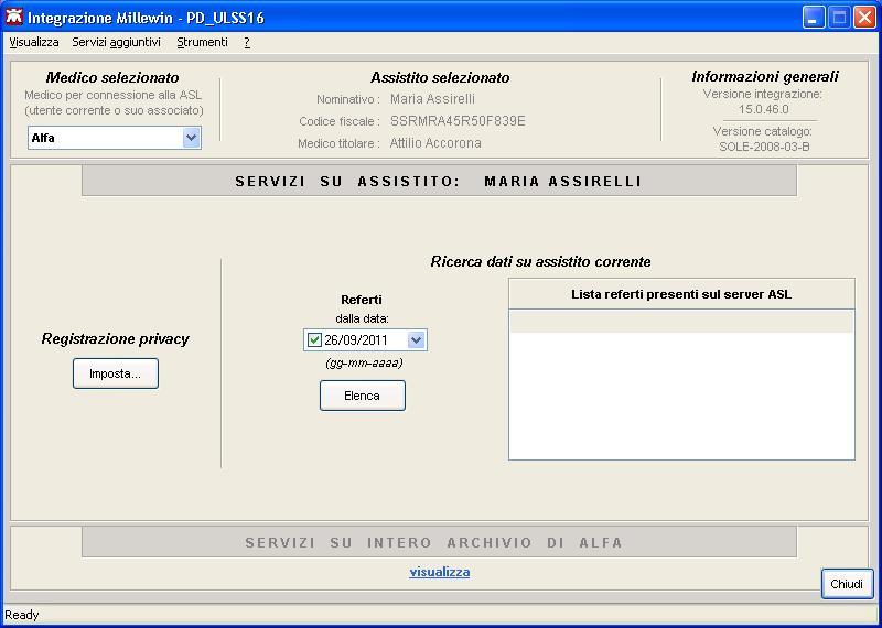 DESCRIZIONE DELLA MASCHERA DI INTEGRAZIONE PD ULSS 16 Dal menu Scambio dati di Millewin selezionando la voce Integrazione PD ULSS16 si accede alla seguente maschera di integrazione: A 1 2 3 5 4 B C L