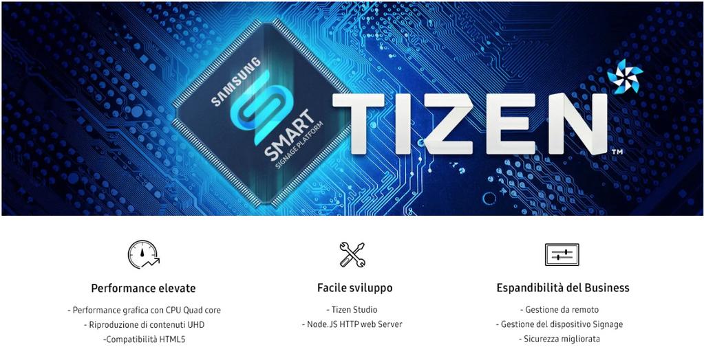 Efficienza operativa in tutta facilità Abbinato al potente sistema operativo TIZEN, il lettore multimediale integrato MagicINFO Player S6 migliora le