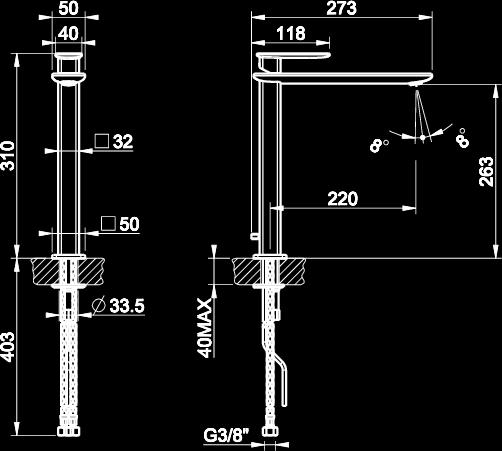 Basin mixer with pop-up waste (not included) and flexible hoses with 3/8" connections.