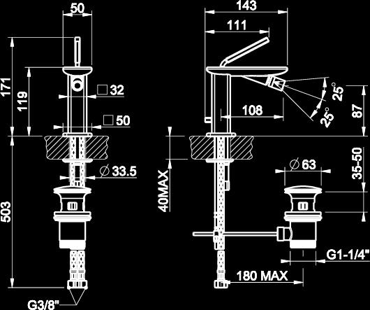 External parts for built-in mixer, spout with white insert, without waste.