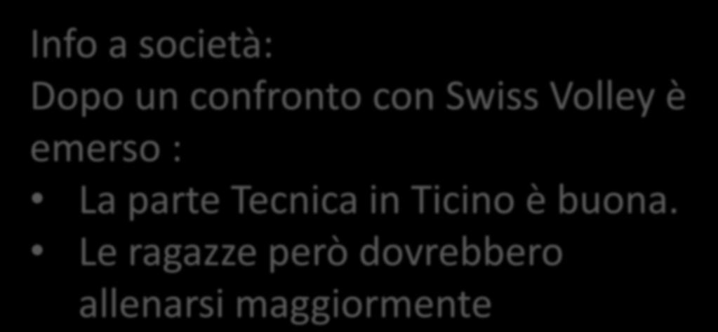 Info a società: Dopo un confronto con Swiss Volley è emerso : La parte Tecnica in Ticino è buona.