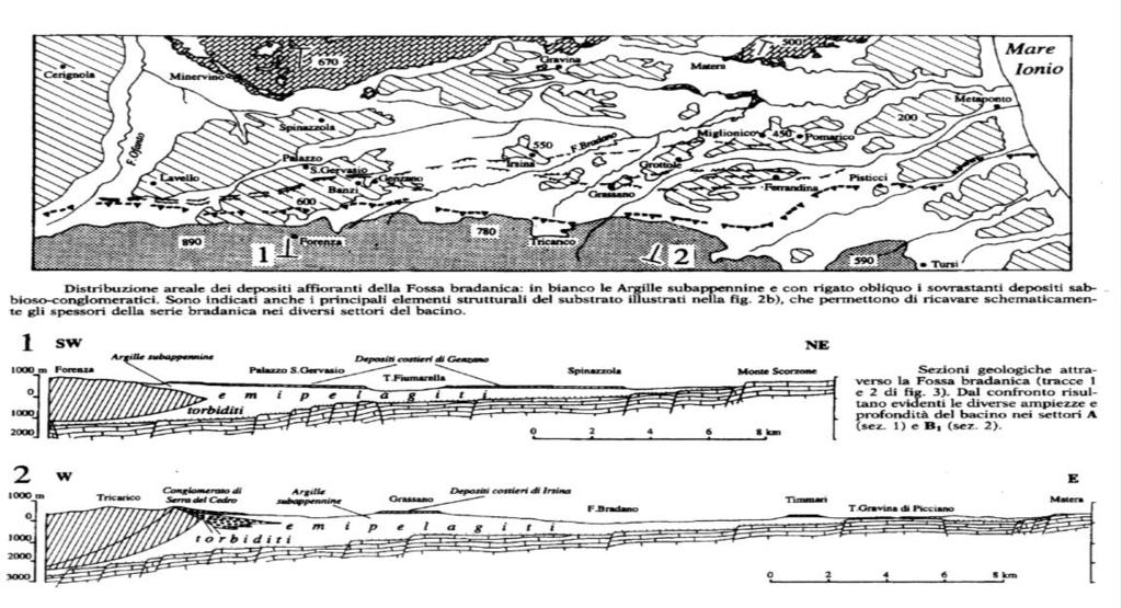 Fig. 1 Carta e sezioni geologiche schematiche della Fossa Bradanica e delle aree limitrofe.