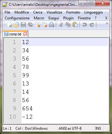 Esempio Acquisizione array da file Si assuma di avere un file denominato comp.