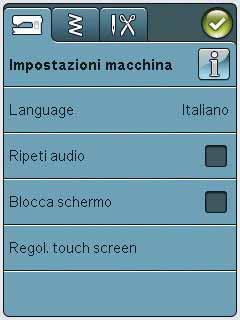 MENU IMPOSTAZIONI alle impostazioni della macchina, a quelle di cucito e a quelle dei punti.